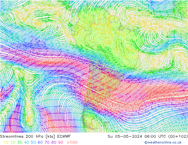 Rüzgar 200 hPa ECMWF Paz 05.05.2024 06 UTC