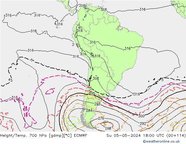 Height/Temp. 700 hPa ECMWF dom 05.05.2024 18 UTC