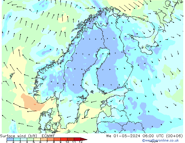 Bodenwind (bft) ECMWF Mi 01.05.2024 06 UTC