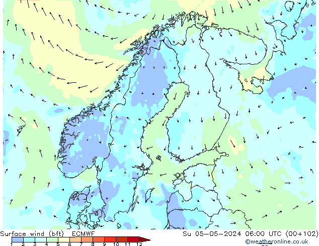 Wind 10 m (bft) ECMWF zo 05.05.2024 06 UTC