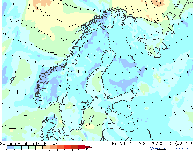 Vento 10 m (bft) ECMWF lun 06.05.2024 00 UTC