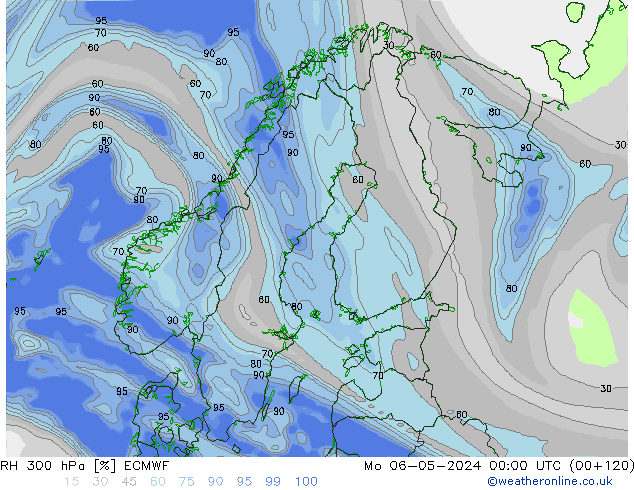 Humedad rel. 300hPa ECMWF lun 06.05.2024 00 UTC