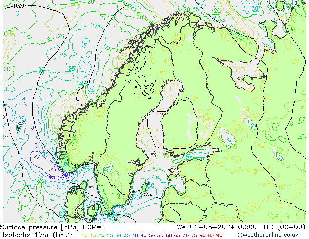 Isotachs (kph) ECMWF We 01.05.2024 00 UTC