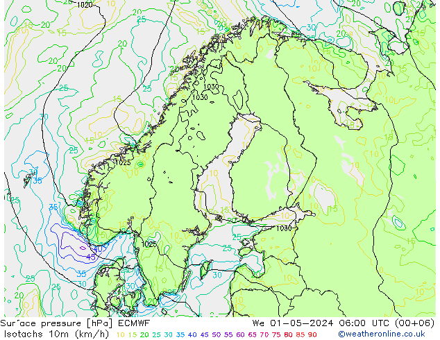 Isotachen (km/h) ECMWF Mi 01.05.2024 06 UTC