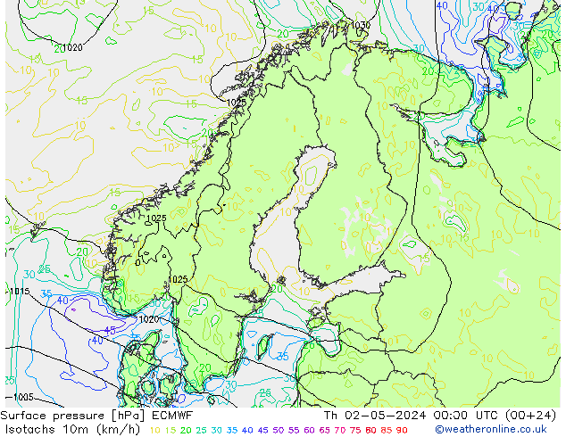 Izotacha (km/godz) ECMWF czw. 02.05.2024 00 UTC