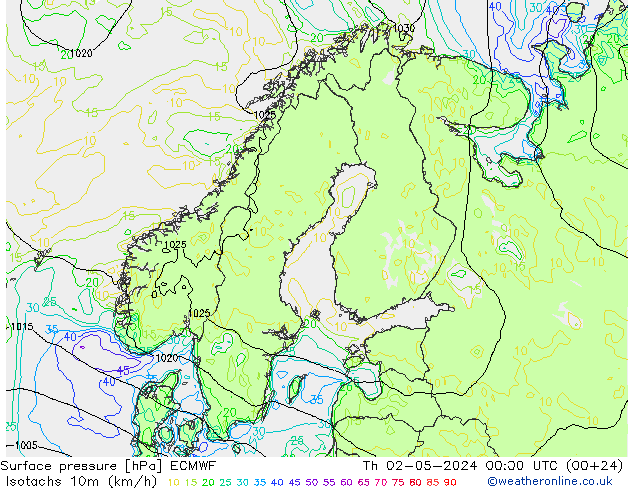 Isotachs (kph) ECMWF Th 02.05.2024 00 UTC