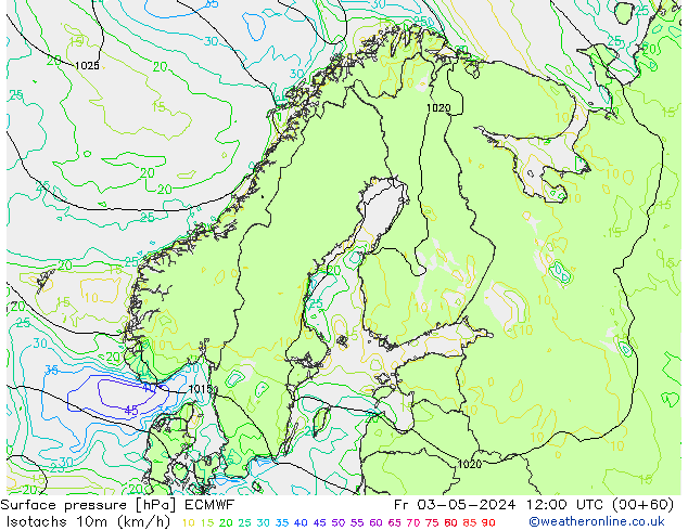 Isotachs (kph) ECMWF Fr 03.05.2024 12 UTC