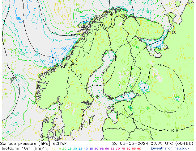 Isotachen (km/h) ECMWF zo 05.05.2024 00 UTC