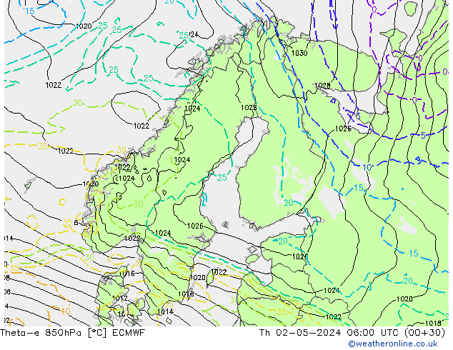 Theta-e 850hPa ECMWF Čt 02.05.2024 06 UTC