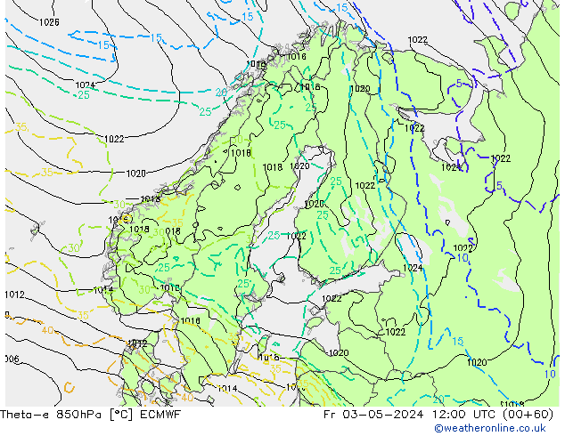 Theta-e 850hPa ECMWF Pá 03.05.2024 12 UTC