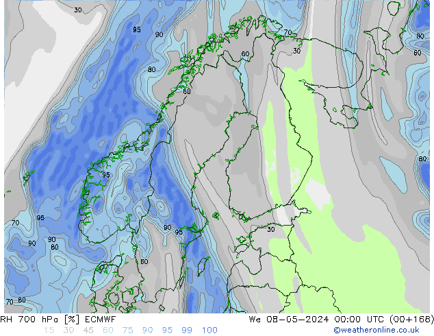 RH 700 гПа ECMWF ср 08.05.2024 00 UTC