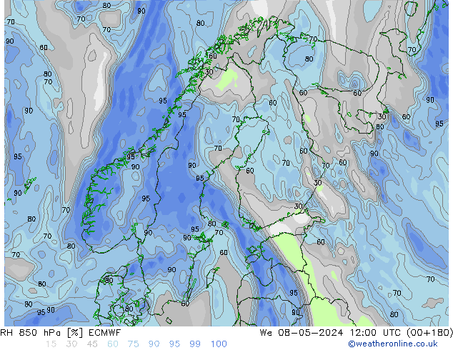 RH 850 hPa ECMWF Qua 08.05.2024 12 UTC