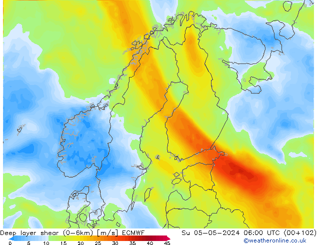 Deep layer shear (0-6km) ECMWF zo 05.05.2024 06 UTC