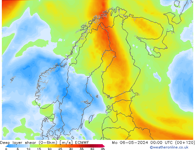 Deep layer shear (0-6km) ECMWF lun 06.05.2024 00 UTC