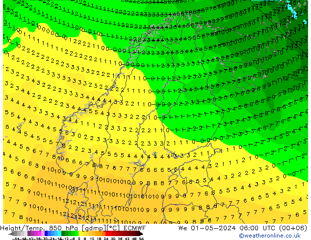 Z500/Rain (+SLP)/Z850 ECMWF Mi 01.05.2024 06 UTC