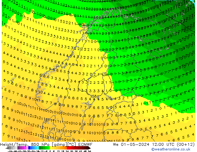 Z500/Yağmur (+YB)/Z850 ECMWF Çar 01.05.2024 12 UTC