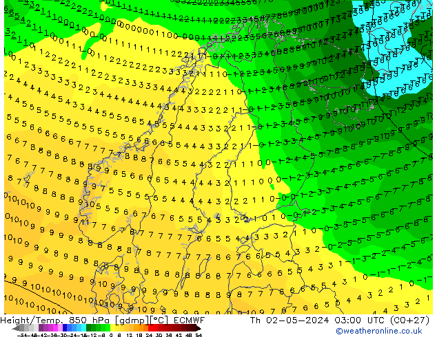 Height/Temp. 850 hPa ECMWF Th 02.05.2024 03 UTC