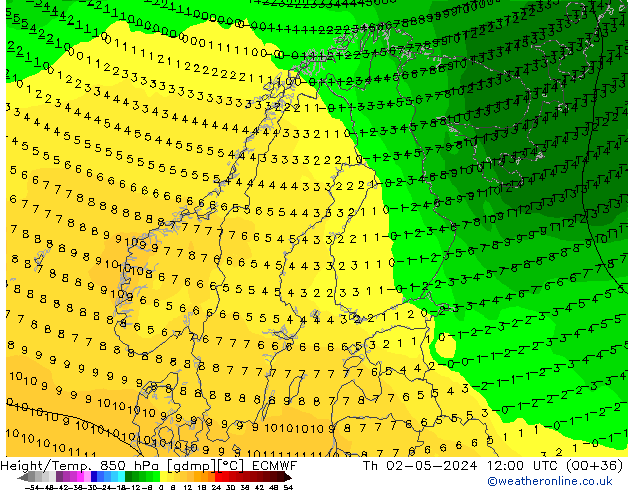 Z500/Rain (+SLP)/Z850 ECMWF Do 02.05.2024 12 UTC