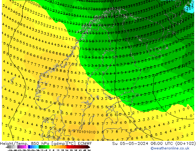 Hoogte/Temp. 850 hPa ECMWF zo 05.05.2024 06 UTC