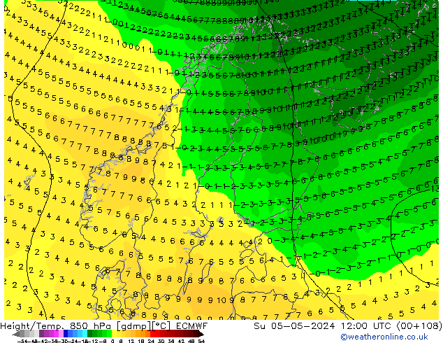 Z500/Rain (+SLP)/Z850 ECMWF Su 05.05.2024 12 UTC