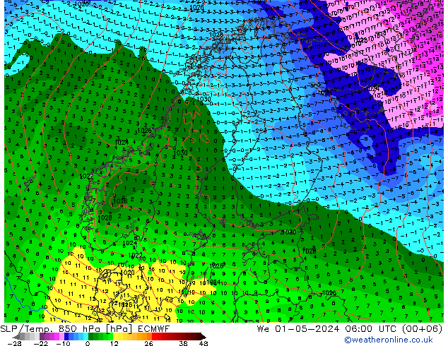 SLP/Temp. 850 hPa ECMWF Mi 01.05.2024 06 UTC