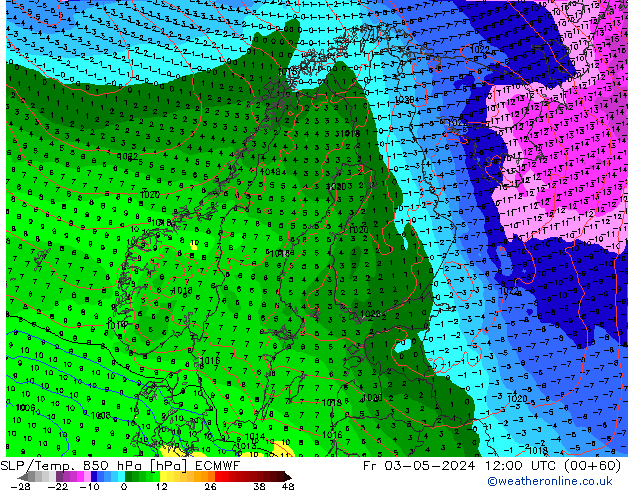 SLP/Temp. 850 hPa ECMWF Fr 03.05.2024 12 UTC