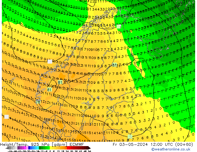 Height/Temp. 925 гПа ECMWF пт 03.05.2024 12 UTC