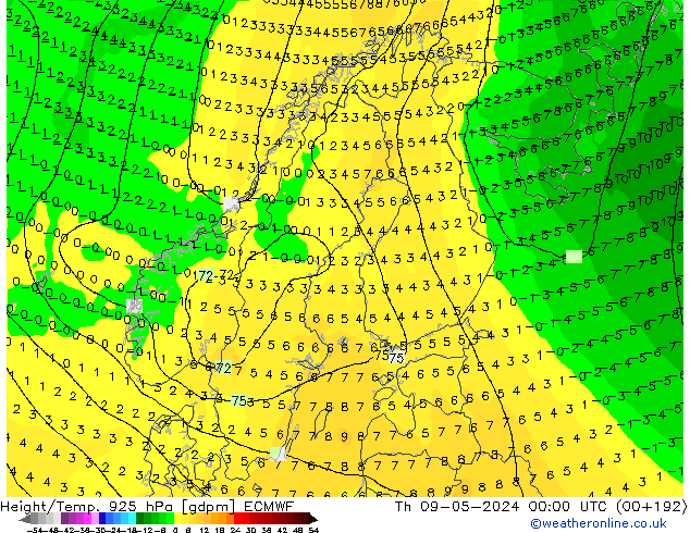 Yükseklik/Sıc. 925 hPa ECMWF Per 09.05.2024 00 UTC