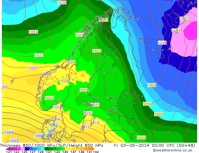 Espesor 850-1000 hPa ECMWF vie 03.05.2024 00 UTC