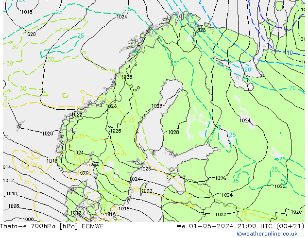 Theta-e 700hPa ECMWF mié 01.05.2024 21 UTC