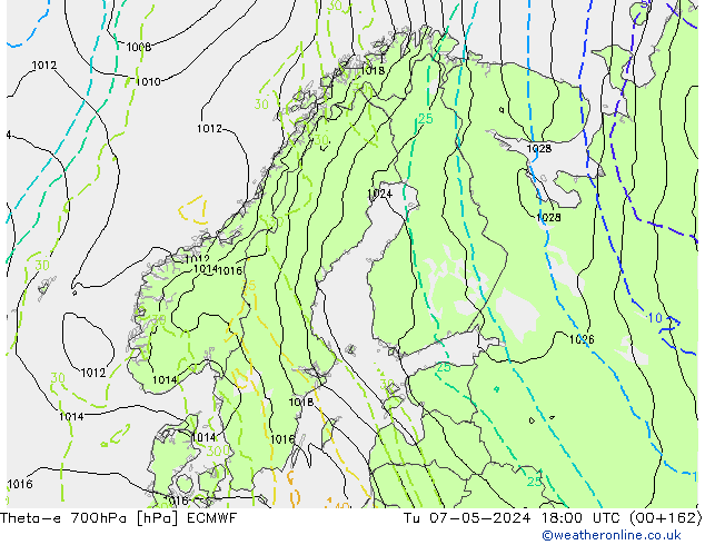 Theta-e 700hPa ECMWF Tu 07.05.2024 18 UTC