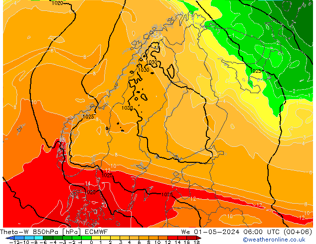 Theta-W 850hPa ECMWF Mi 01.05.2024 06 UTC