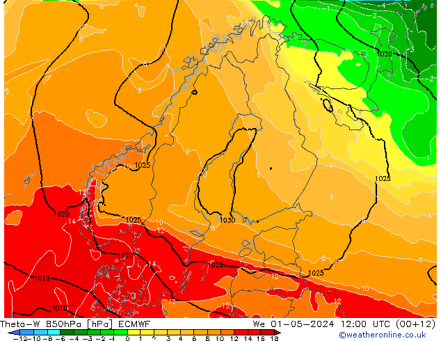 Theta-W 850hPa ECMWF St 01.05.2024 12 UTC