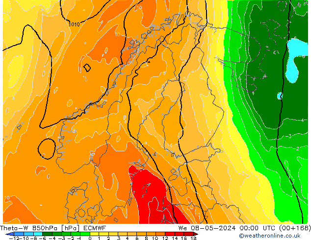 Theta-W 850гПа ECMWF ср 08.05.2024 00 UTC