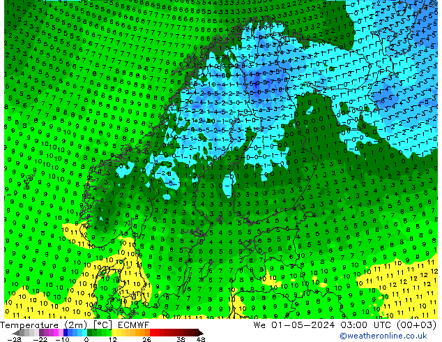 Temperaturkarte (2m) ECMWF Mi 01.05.2024 03 UTC