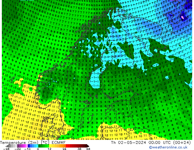 Temperature (2m) ECMWF Th 02.05.2024 00 UTC