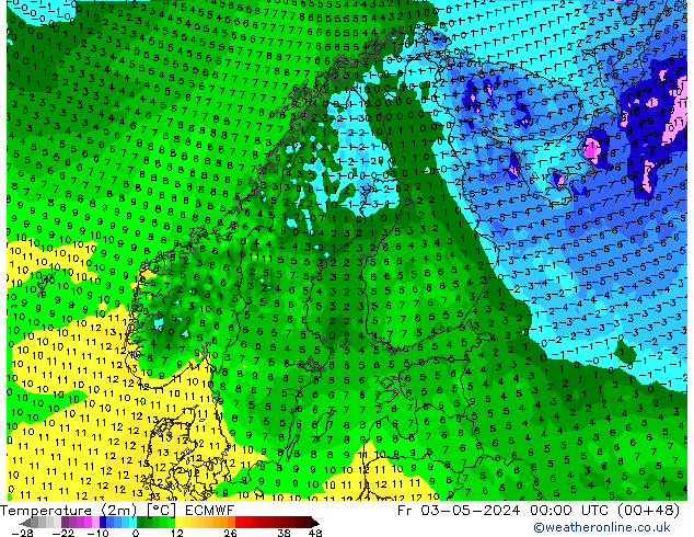 Temperaturkarte (2m) ECMWF Fr 03.05.2024 00 UTC