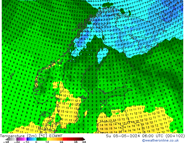 Temperatuurkaart (2m) ECMWF zo 05.05.2024 06 UTC