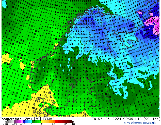 Temperature (2m) ECMWF Tu 07.05.2024 00 UTC