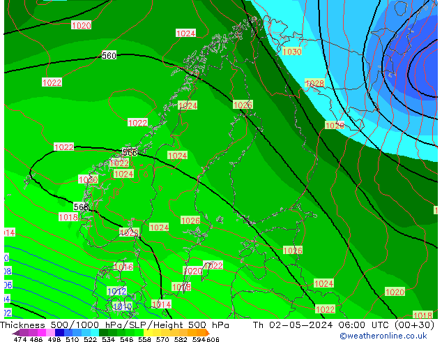 Schichtdicke 500-1000 hPa ECMWF Do 02.05.2024 06 UTC