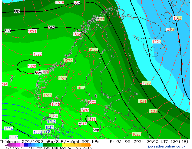 Espesor 500-1000 hPa ECMWF vie 03.05.2024 00 UTC