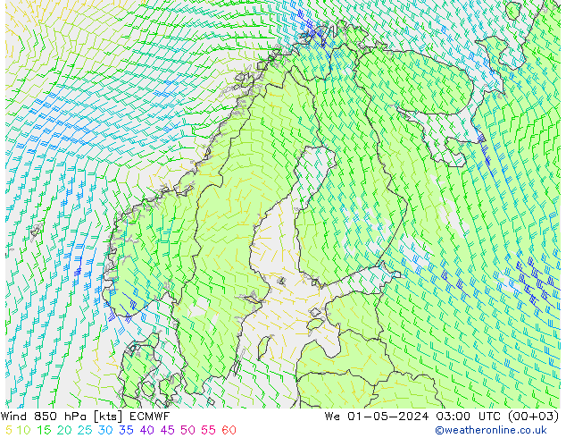 Vento 850 hPa ECMWF mer 01.05.2024 03 UTC