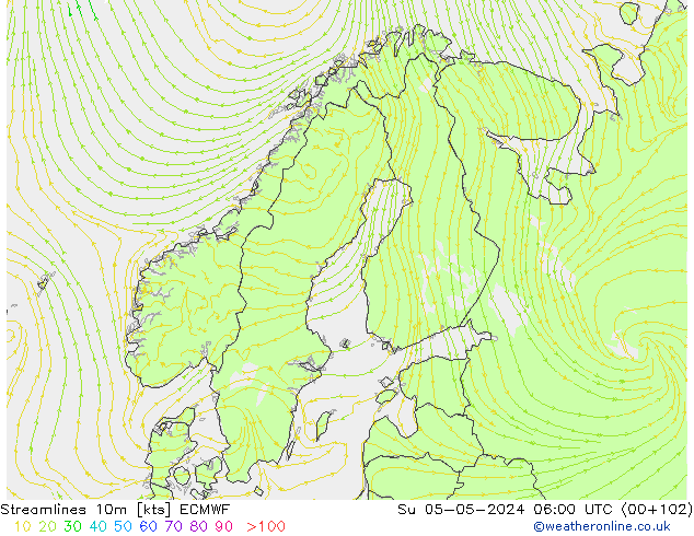 Stroomlijn 10m ECMWF zo 05.05.2024 06 UTC