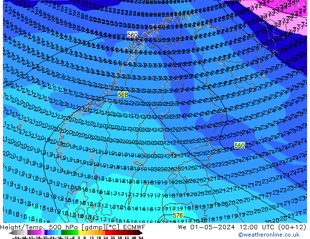 Z500/Rain (+SLP)/Z850 ECMWF  01.05.2024 12 UTC