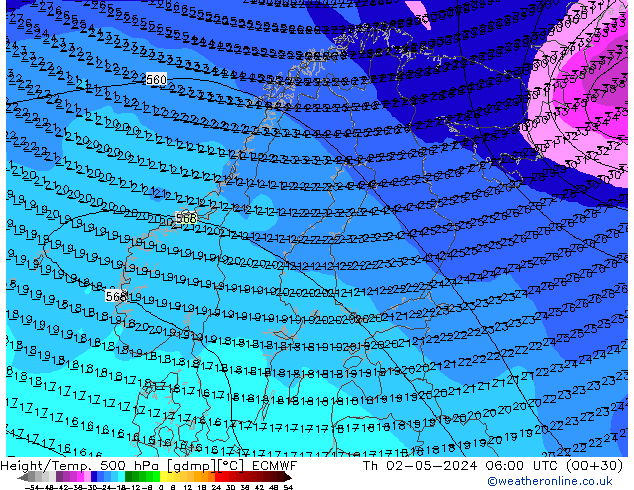 Z500/Rain (+SLP)/Z850 ECMWF czw. 02.05.2024 06 UTC