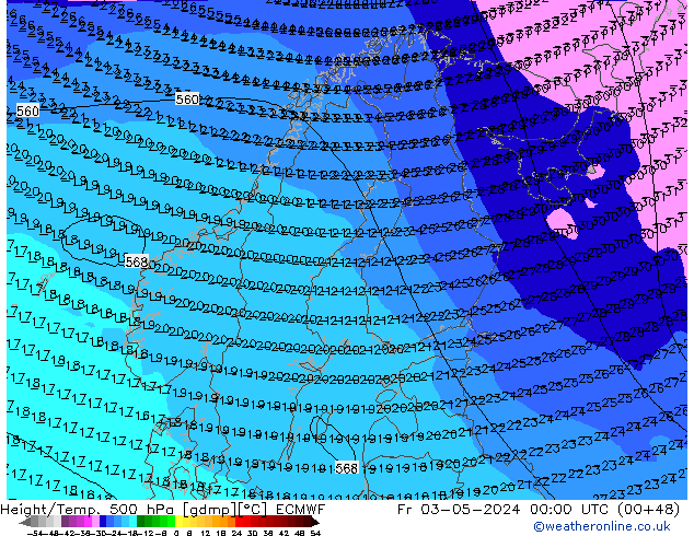 Z500/Rain (+SLP)/Z850 ECMWF ven 03.05.2024 00 UTC