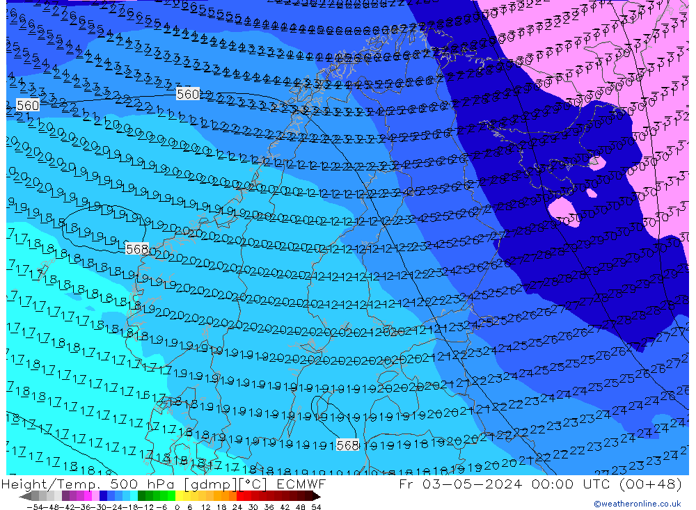 Height/Temp. 500 hPa ECMWF Fr 03.05.2024 00 UTC