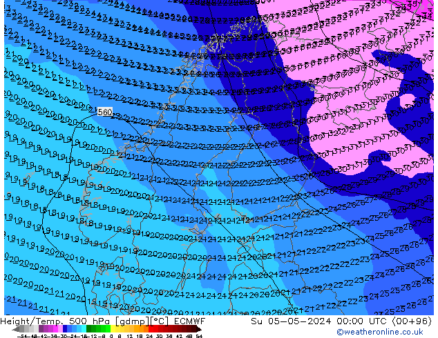 Z500/Rain (+SLP)/Z850 ECMWF dim 05.05.2024 00 UTC