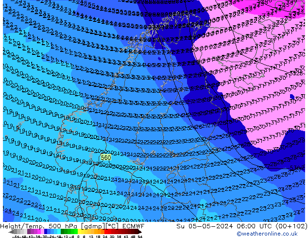 Z500/Rain (+SLP)/Z850 ECMWF dom 05.05.2024 06 UTC