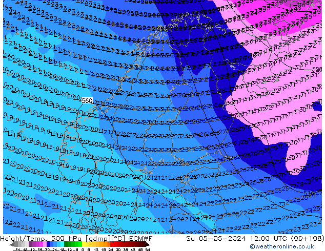 Z500/Rain (+SLP)/Z850 ECMWF Su 05.05.2024 12 UTC